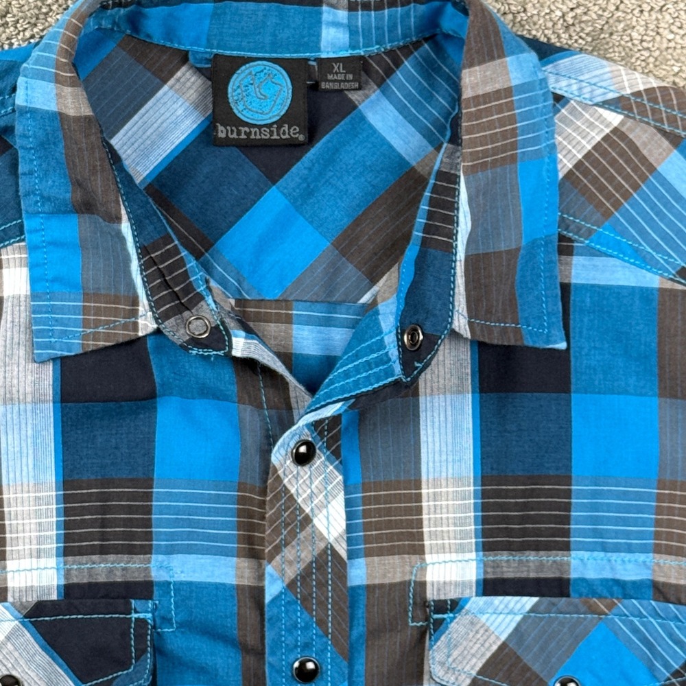 Burnside Western Shirt Mens XL Blue Plaid Pearl Snap Short Sleeve Cowboy